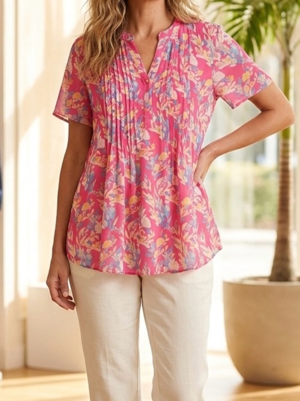 New Kim Rogers Women's Mesh Printed Top featuring a vibrant floral pattern.